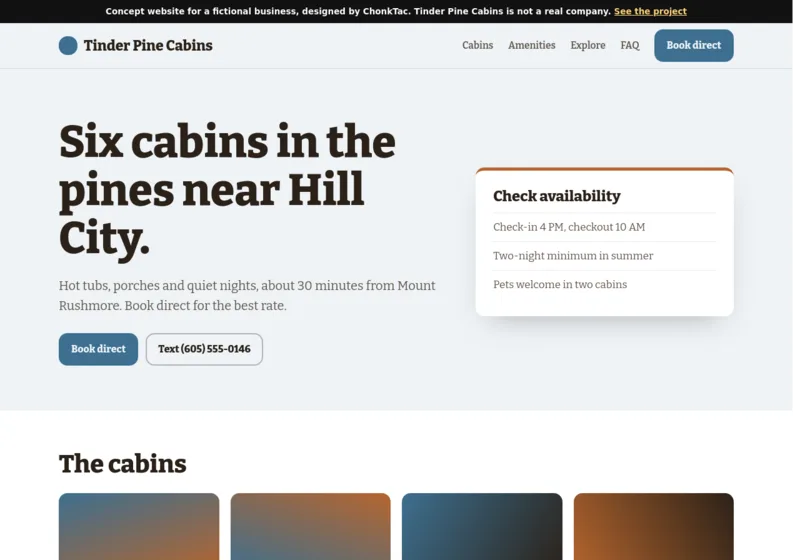 Concept website for Tinder Pine Cabins